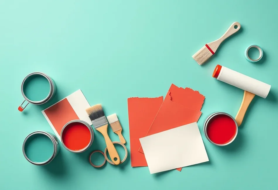 Pots de peinture, nuancier, brosses et rouleaux disposés à plat
