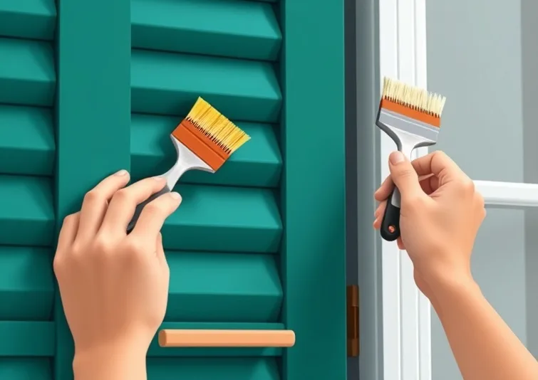 Mise en peinture au pinceau de volets et d'encadrements en bois