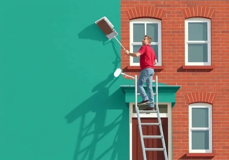 Peintre sur échafaudage traitant la façade d'une maison