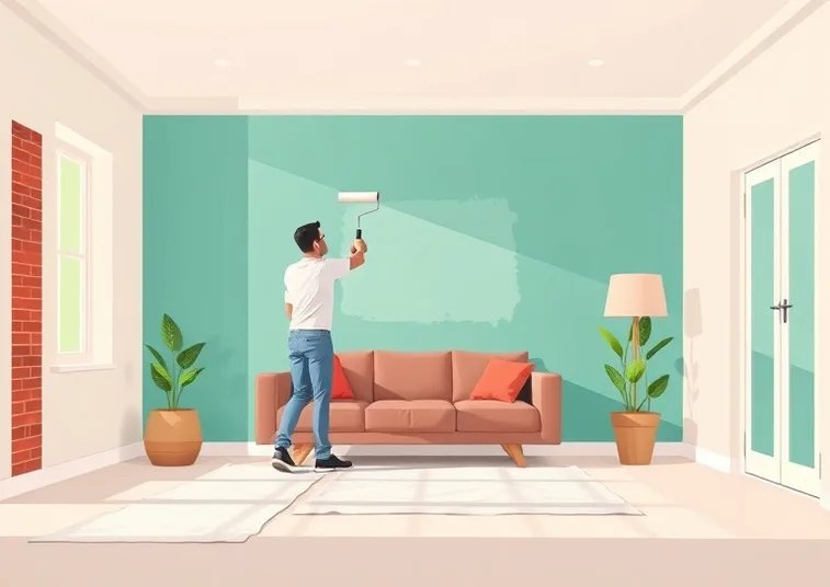 Peintre appliquant la peinture au rouleau sur un mur de salon